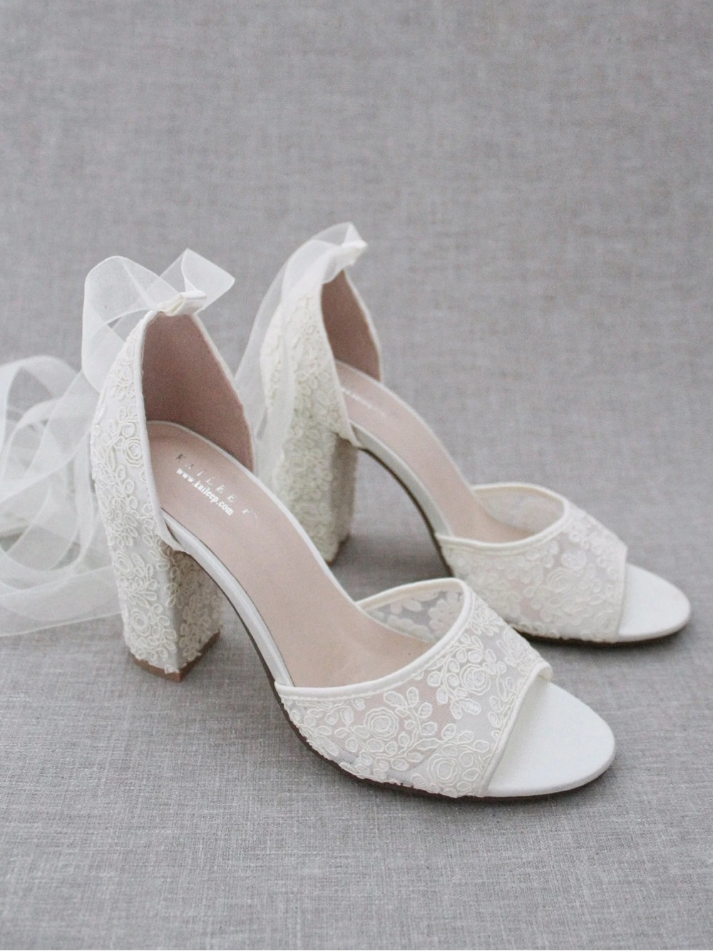 Ivory Lace Embroidered Open-Toe Block Heels for Women